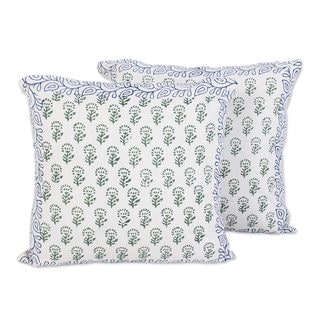 Pair Cotton Cushion Covers, 'Garden Green' (India)