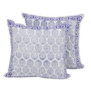 Pair Cotton Cushion Covers, 'Lapis Vines' (India)