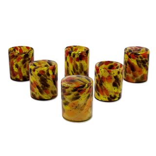 Set of 6 Blown Glass Rock Glasses, 'Amber Fantasy' (Mexico)