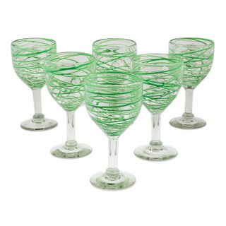 Set of 6 Blown Glass Wine Glasses, 'Emerald Swirl' (Mexico)