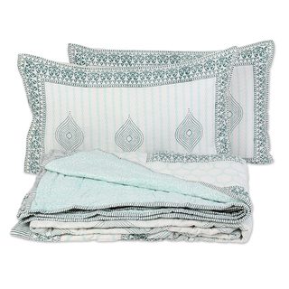 Full, 3 Pieces Block Printed Cotton Bedding Set 'Sophisticated Charm' (India)