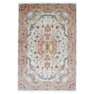 FineRugCollection Hand Knotted Extra Fine Persian Tabriz Pink Wool Oriental Rug With Silk Flowers
