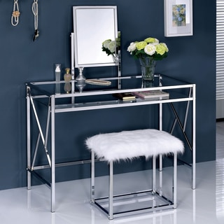 Furniture of America Ailees Contemporary Glam 2-piece Vanity Table Set with Faux Fur Stool