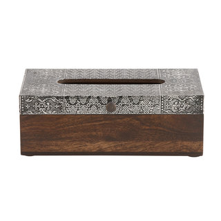 Dark Brown Wood Tissue Box with Silver Aluminum Top
