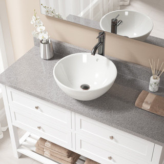 MR Direct V2200 Bisque Porcelain Sink with Antique Bronze Faucet and Pop-up Drain