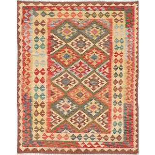 Ecarpet Gallery Hand-Woven Sivas Blue, Red Wool Kilim (5'3 x 6'8)