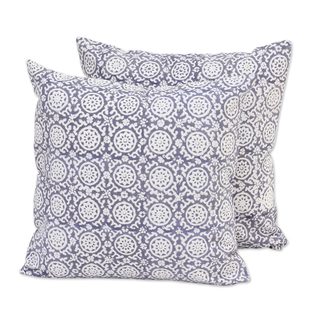 Handmade Pair of Cotton Cushion Covers, 'Floral Temple' (India)
