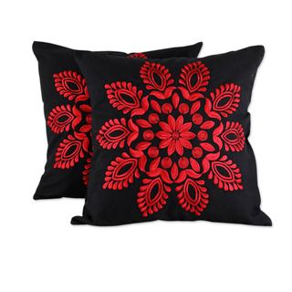 Handmade Pair of Cotton Cushion Covers, 'Crimson Splendor' (India)