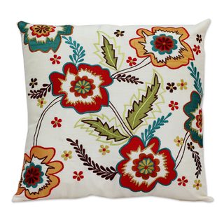 Handmade Cushion Cover, 'Floral Celebration' (India)