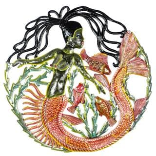 Handmade 24-Inch Painted Mermaid & Fish Metal Wall Art (Haiti)