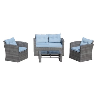 Roatan 4 Piece Outdoor Wicker Conversation Set in Gray with Light Blue Cushions
