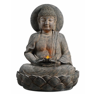 Teamson Peaktop Grey Polyresin Outdoor Buddha Zen Fountain w/ LED Light