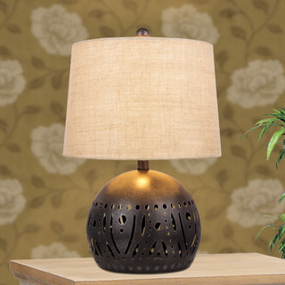 21-inch Brown Rustic Cut Metal Table Lamp with a Base Nightlight Feature