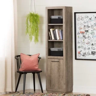 South Shore Kanji Weathered Oak 3-Shelf Bookcase with Door and 2 Knit Baskets