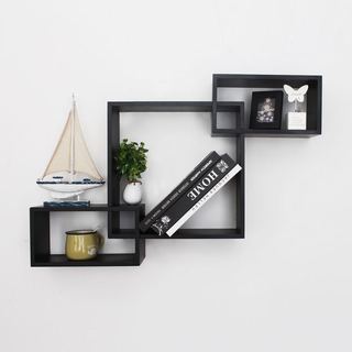 Adeco Black Wood Interlocking Floating Wall Shelves Shelf
