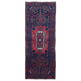 FineRugCollection Handmade Semi-Antique Persian Hamadan Red & Black Oriental Runner (4'2 x 10'10)