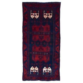 FineRugCollection Handmade Semi-Antique Persian Hamadan Black & Red Oriental Runner (4' x 8'5)