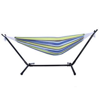 Portable Outdoor Green and Blue Striped Polyester Hammock Set