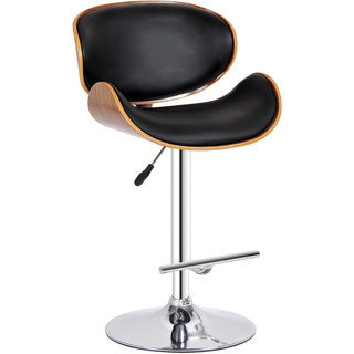 Modern Collection PU Leather Height Adjustable Swivel Bar Stool with Gas Lift and Walnut Wood Accents, Black