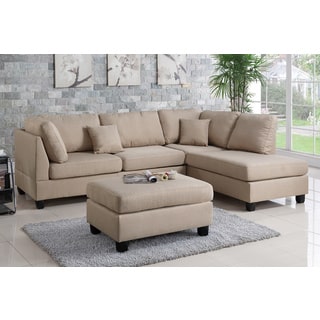 Bobkona Dervon Linen-Like Left or Right hand Chaise Sectional Set with Ottoman