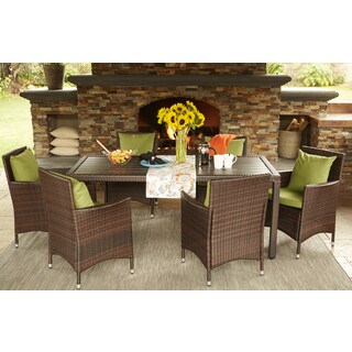 Handy Living Aldrich Brown Indoor/Outdoor 7 Piece Rectangle Dining Set with Sunbrella Cilantro Cushions
