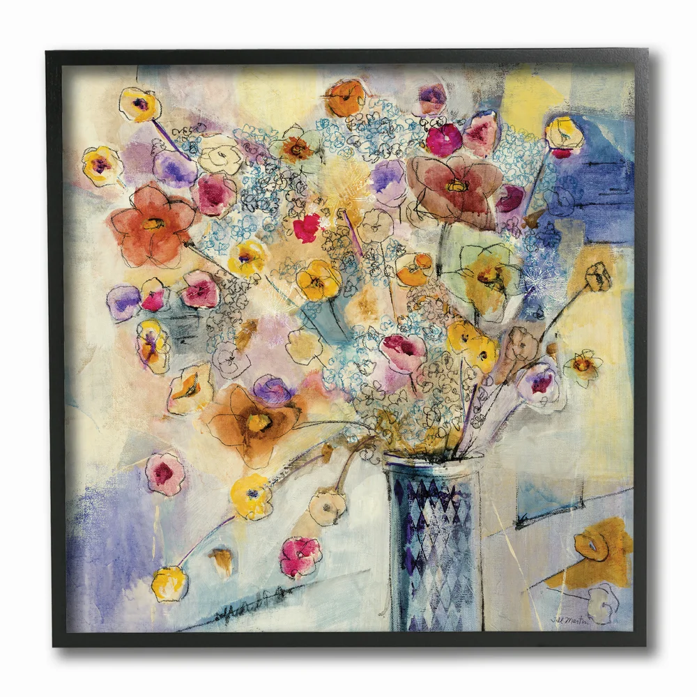 Stupell Painted Flowers Line Drawing Framed Giclee Texturized Art - Multi-Color