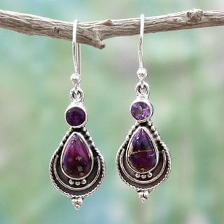 Handcrafted Sterling Silver 'Mughal Lilac' Amethyst Turquoise Earrings (India)