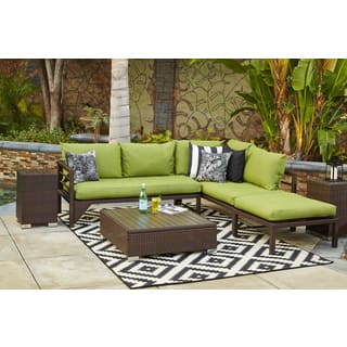 Handy Living Aldrich Indoor/Outdoor Dark Brown Woven Resin Rattan Sectional Sofa with Cilantro Sunbrella Cushions