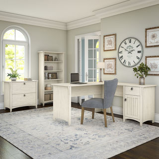 Salinas 60W L Shaped Desk with Lateral File Cabinet and 5 Shelf Bookcase in Antique White