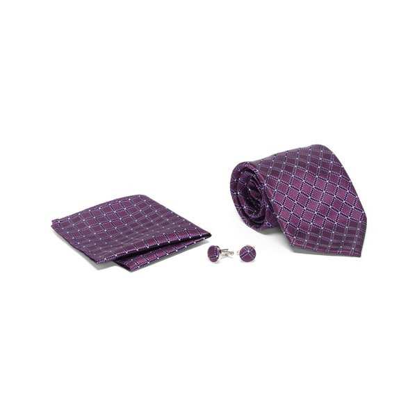 Men's Tie with Matching Handkerchief and Hand Cufflinks-Violet Diamond Design