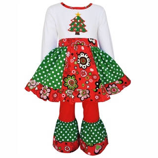 AnnLoren Girls Panel Christmas Tree Dress 2 pc Outfit