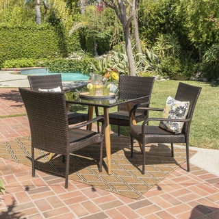 Yosemite Outdoor 5-Piece Square Wicker Tempered Glass Dining Set by Christopher Knight Home