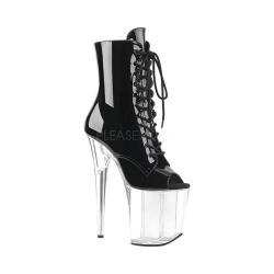 Women's Pleaser Flamingo-1021 Lace Up Open Toe Boot Black Patent/Clear