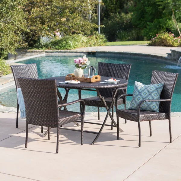 Remy Outdoor 5-Piece Round Foldable Wicker Dining Set with Umbrella Hole by Christopher Knight Home