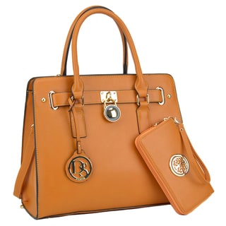 Dasein Large Saffiano Leather Padlock Satchel Handbag with Matching Wallet