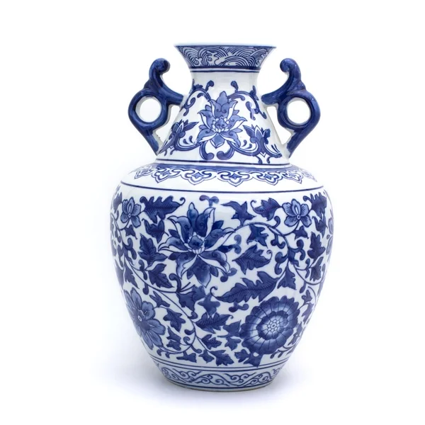 Claybarn Blue Garden Porcelain 13" Chinese Scroll Design Handled Vase