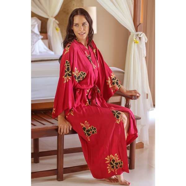 Handmade Hibiscus Flower Batik Print Wide Sleeve Self Tie Women's Long Robe (Indonesia)