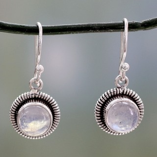 Moonlit Orbs Round Moonstones Set in Sterling Silver Bezels Dangle Earrings (India)