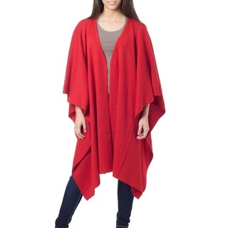 Fire Red Artisan Designer Handmade Women's Clothing Fashion Natural Fiber Soft Peruvian Alpaca Wool Ruana Cape Shawl Wrap (Peru)
