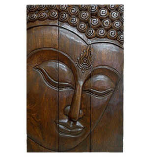 Large Acacia Wood Three-Panel Buddha Face, Handmade in , Handmade in Thailand