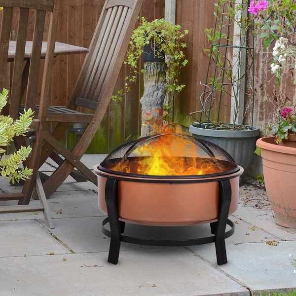 Outsunny Copper-Colored Round Basin Wood Fire Pit Bowl with Organic Black Base, a Wood Poker, & Mesh Screen for Embers