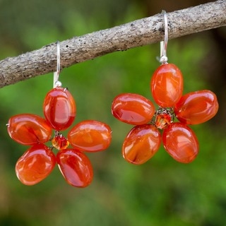 Mystic Daisy Orange Carnelian Petals Crystal Bead Center Flowers on 925 Sterling Silver Wires Womens Dangle Earrings (Thailand)