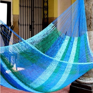 Sea Breeze Outdoor Garden Patio Pool Shades of Blue and Green Stripe Handmade Knotted Rope Style Nylon Single Hammock (Mexico)