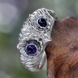 Too Cute Owl Wisdom Eyes of Purple Amethyst Cabochons Set in 925 Sterling Silver Handmade Mens or Womens Ring (Indonesia)