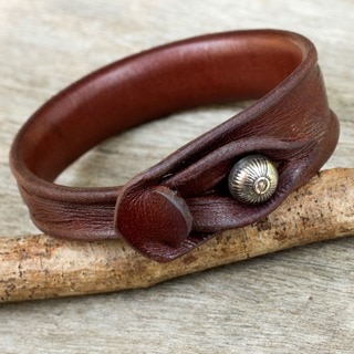 Sleek Chic Handmade Bangle Like Burnished Brown Leather with Hill Tribe Bell Bead Closure Womens Wristband Bracelet (Thailand)