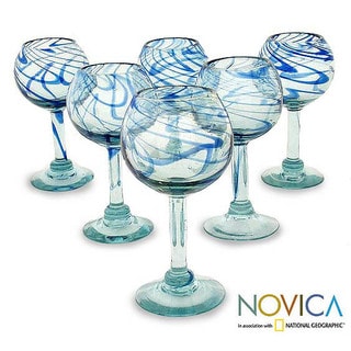 Handmade Set of 6 Blown Glass 'Blue Ribbon' Wine Glasses (Mexico)