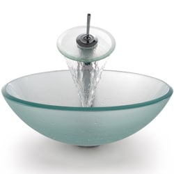 KRAUS Frosted Glass Vessel Sink in Clear with Single Hole Single-Handle Waterfall Faucet - Thumbnail 2