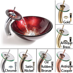 KRAUS Irruption Glass Vessel Sink in Red with Single Hole Single-Handle Waterfall Faucet in Satin Nickel