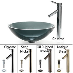 KRAUS Glass Vessel Sink in Black with Single Hole Single-Handle Sheven Faucet in Chrome