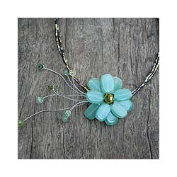 Verdant Chic Aqua Quartzite Gemstone Flower on Multicolor Beaded Wire Adjustable Womens Fashion Choker Necklace (Thailand)